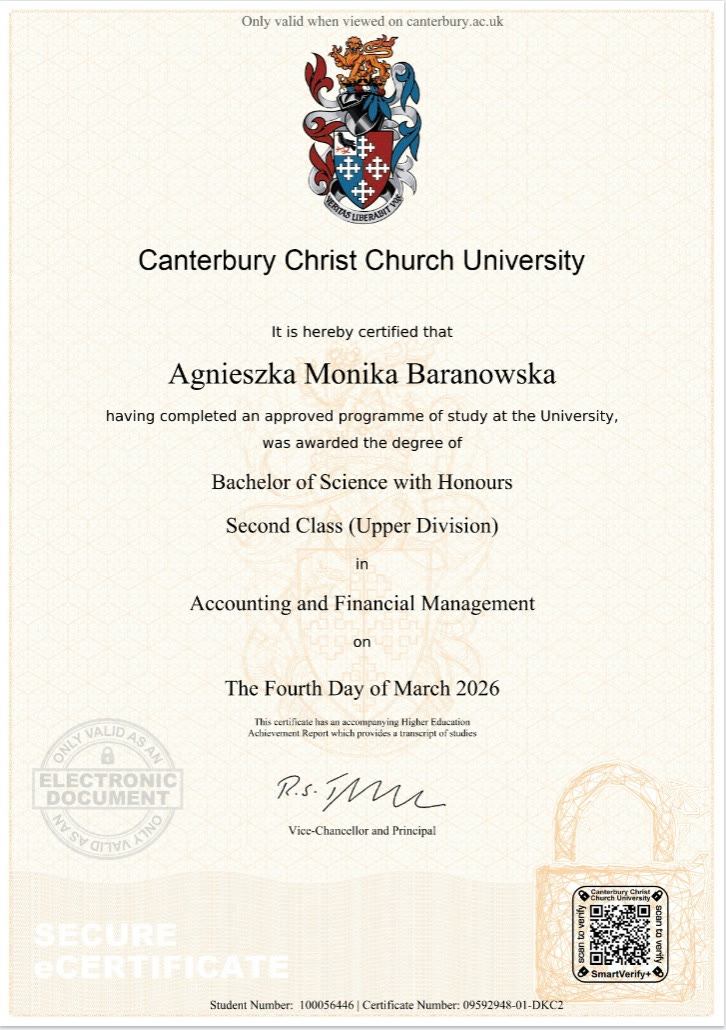 Dyplom licencjacki Agnieszki Moniki Baranowskiej, Canterbury Christ Church University, 2026